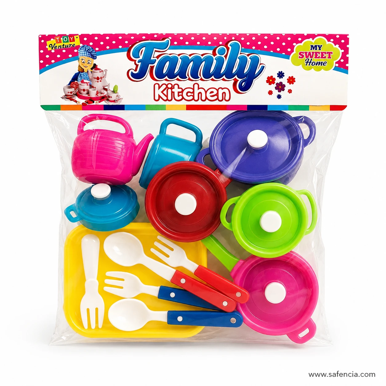 Family Kitchen play set in its header-carded polybag showing the assorted mix of pots, lids and utensils