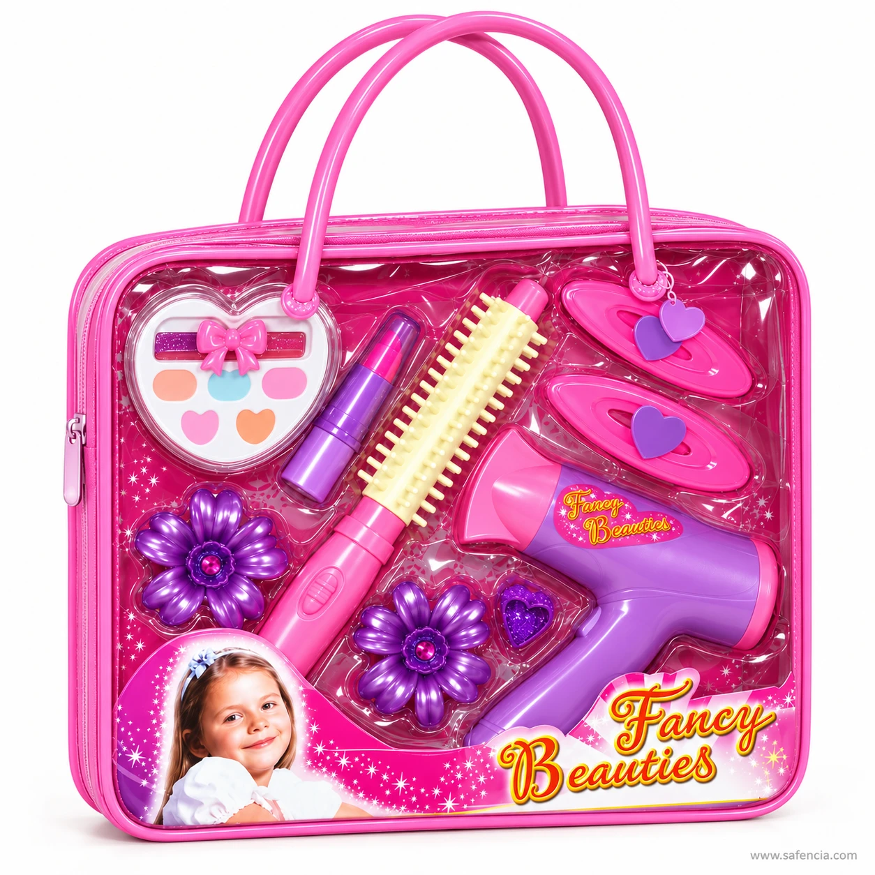 Front of the Fancy Beauties bag with each toy in its moulded place and the Fancy Beauties print in the corner
