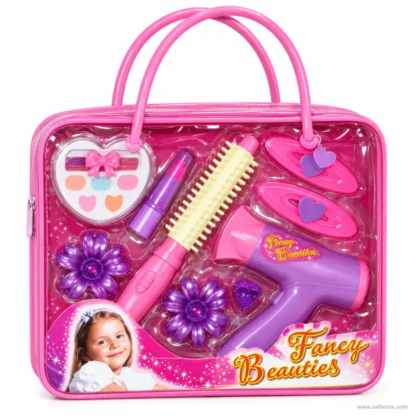 Fancy Beauties Hair and Makeup Bag for Girls with Toy Hair Dryer and Curling Brush