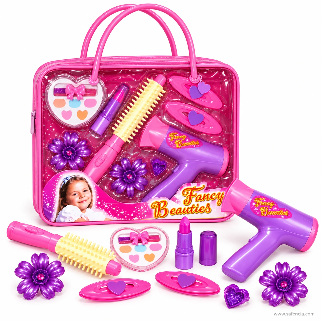 Fancy Beauties salon set bag with the hair dryer, curling brush, lipstick, palette and clips arranged in front