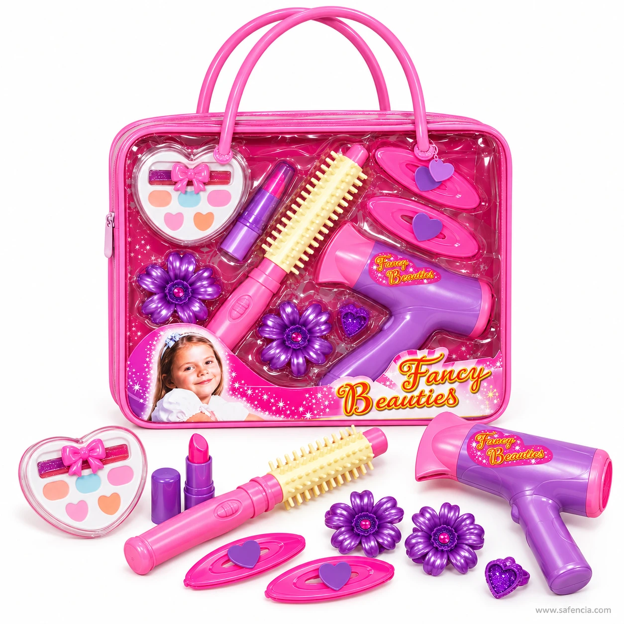 Fancy Beauties purple toy hair dryer and pink toy curling brush with cream bristles in front of the zip bag