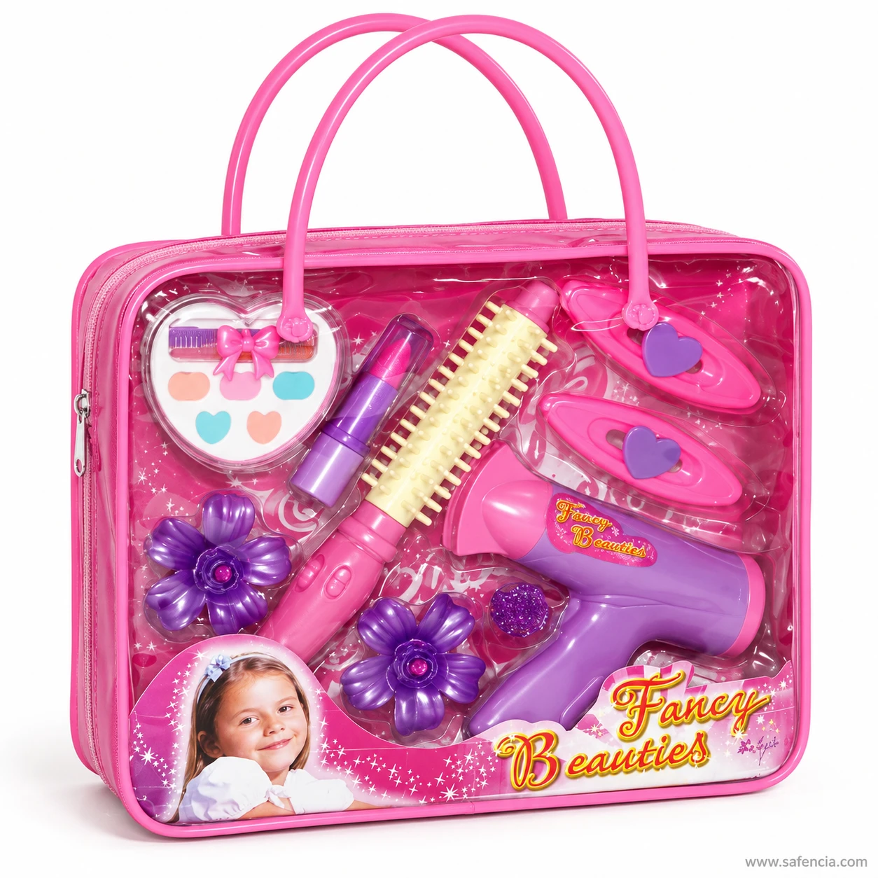 Fancy Beauties hair salon set bag seen at an angle, showing the zip along the top and two long pink handles