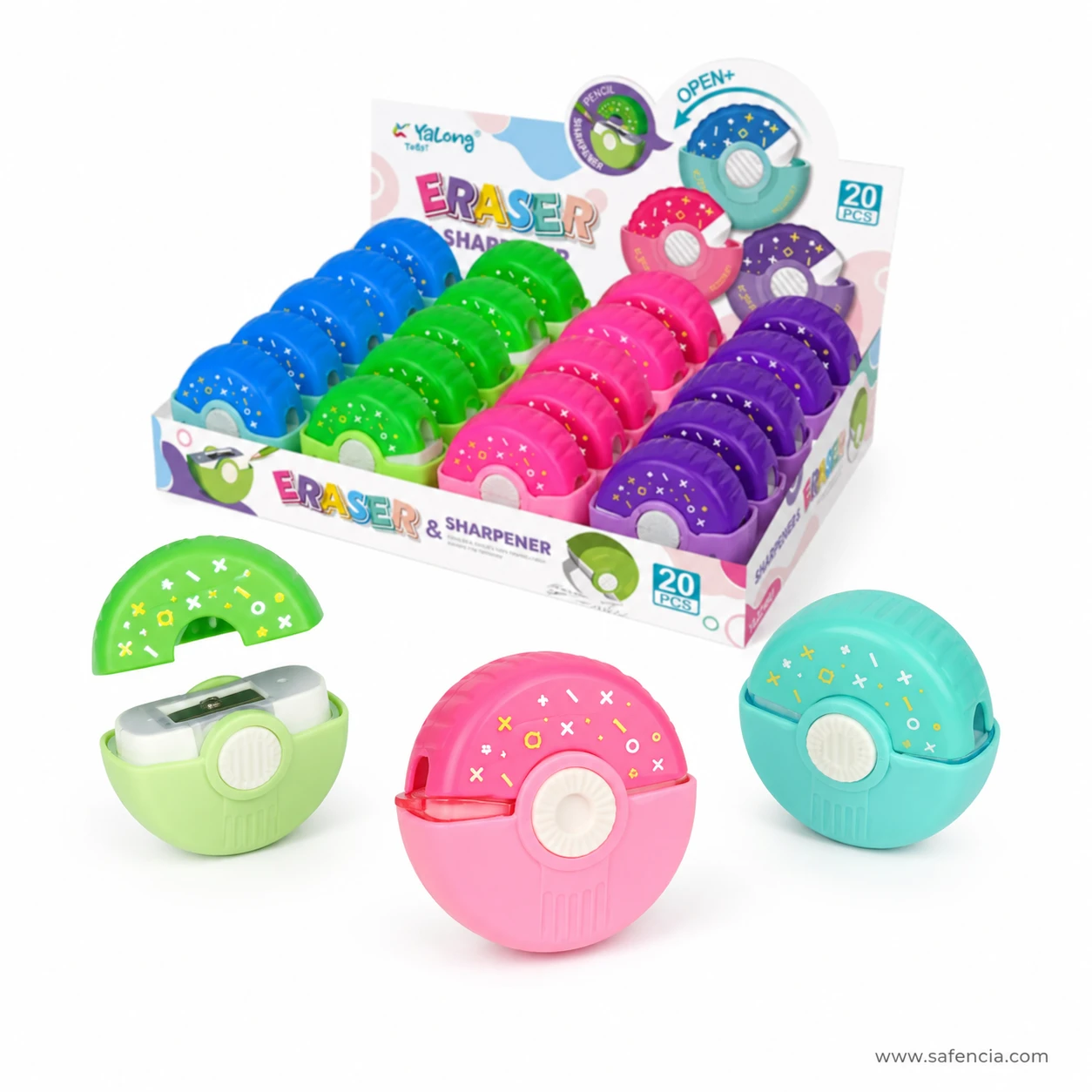Yalong Toys ERASER and SHARPENER counter display box of 20 pieces with an open green example showing the blade unit inside