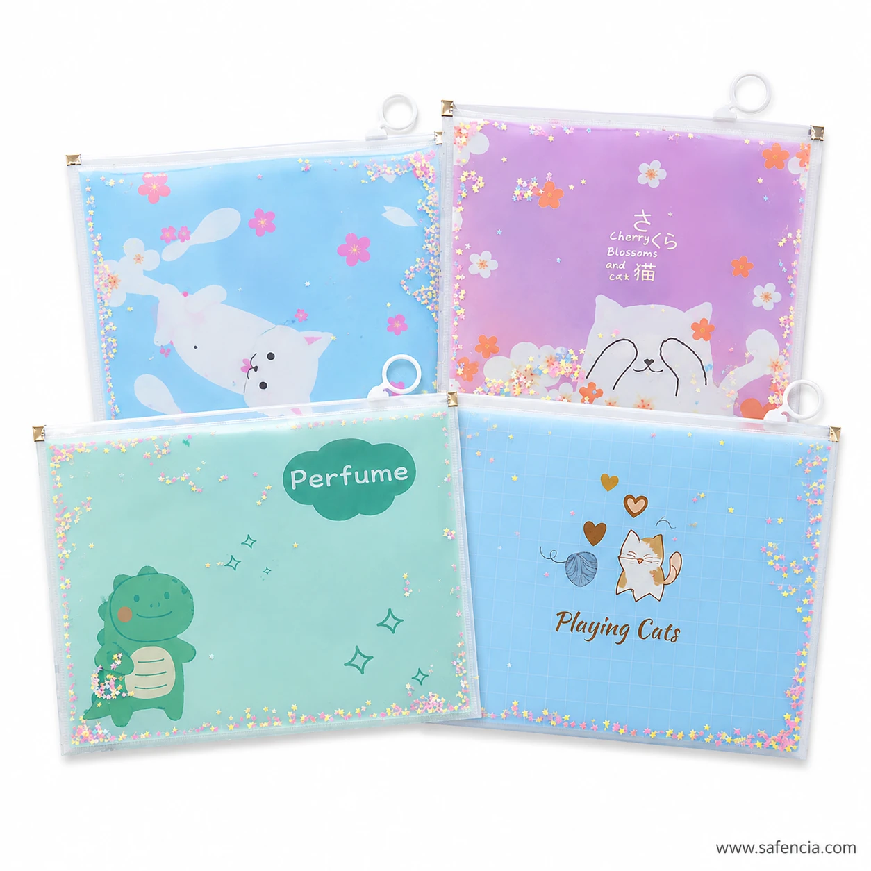 Pastel zip pouches printed with cats, a green dinosaur and a rabbit
