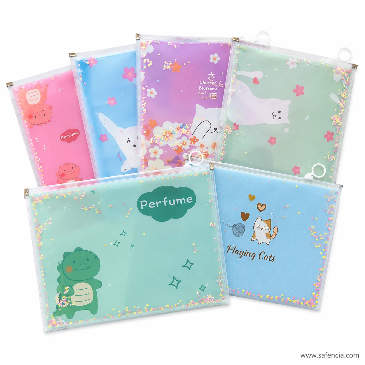 Full assortment of pastel glitter zip pouches laid out together