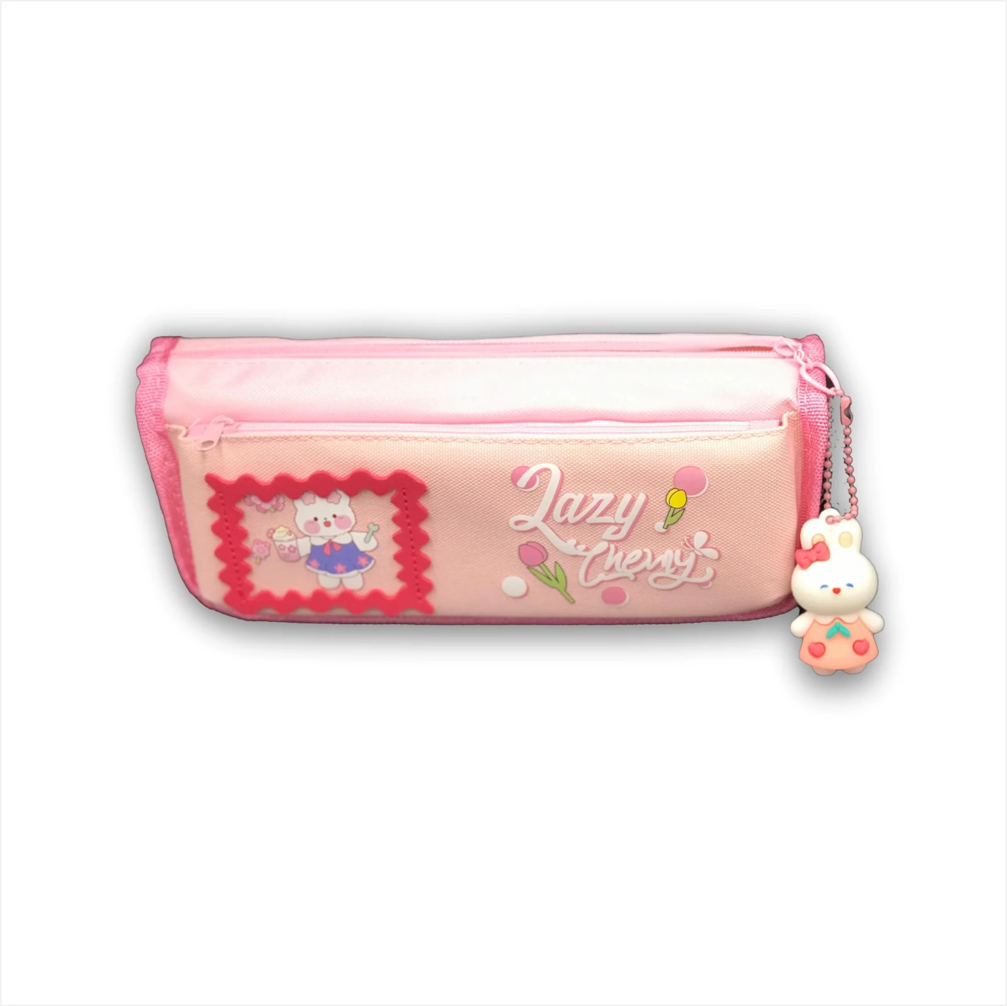 Lazy Cherry pencil case close view of the zip and hanging bunny charm