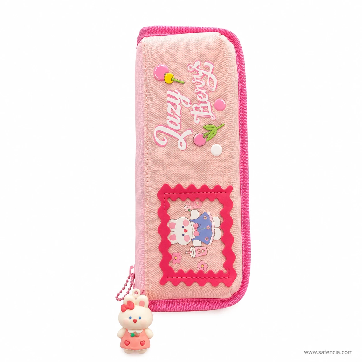 Lazy Cherry pink pencil case standing upright showing its slim profile