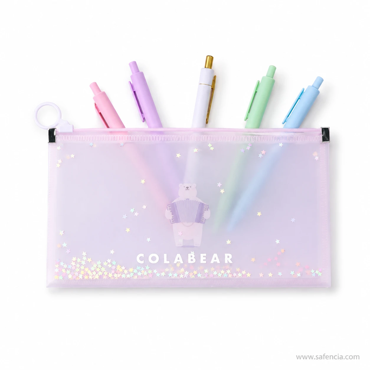 Colabear mesh pencil pouch holding pastel pens to show the mesh loaded