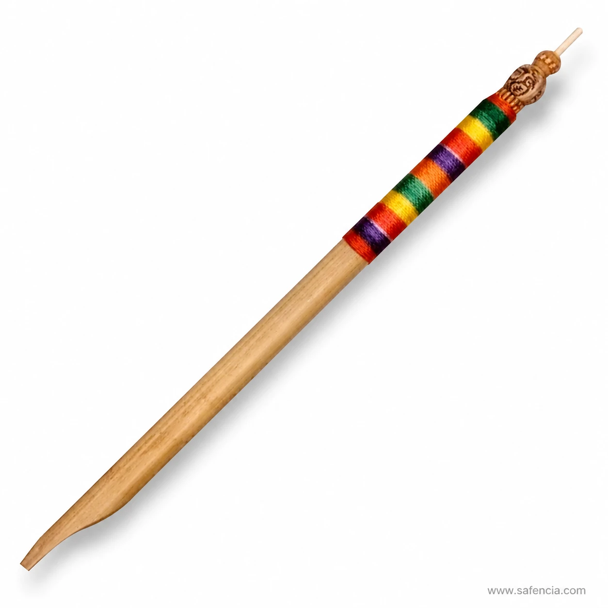 Close view of the coloured thread bands wrapped around the middle of the wooden khatati qalam barrel