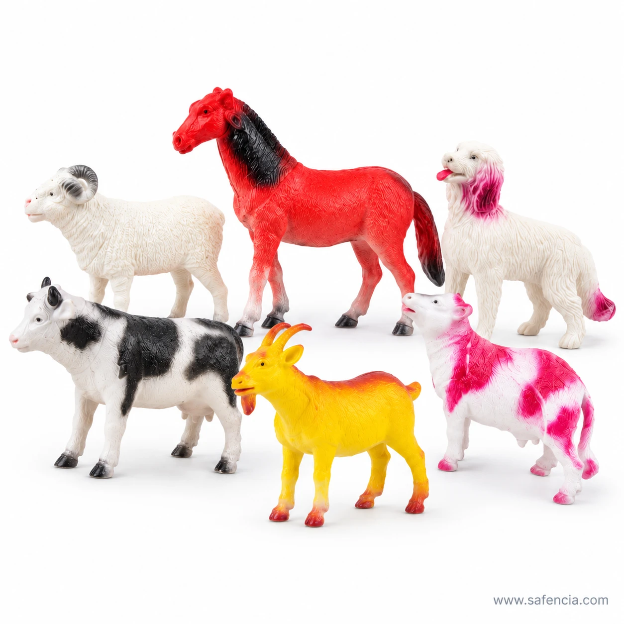 Group of plastic farm animal figures standing together: ram, red horse, white dog, black and white cow, yellow goat, pink cow