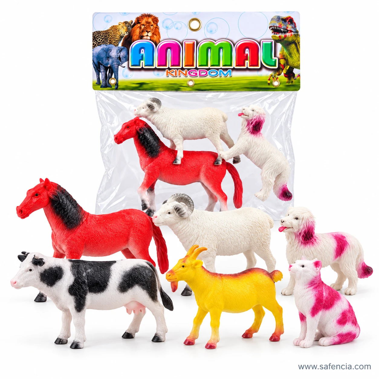 Farm animals toys bag with the six plastic animals standing in front of it: horse, cow, ram, goat, dog and pink cow