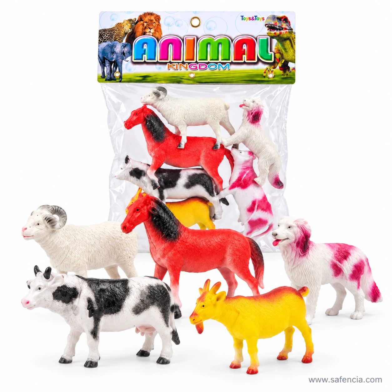 Plastic farm animals out of their Animal Kingdom pack: ram, black and white cow, red horse, yellow goat and white dog