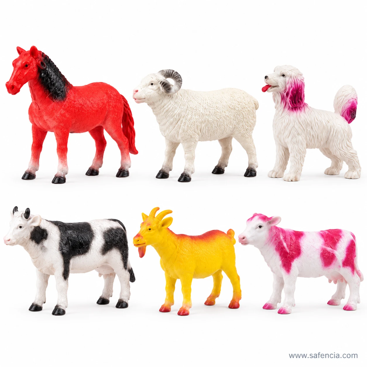 Six plastic farm animals in two rows: red horse, white ram, white dog, black and white cow, yellow goat and pink-spotted cow