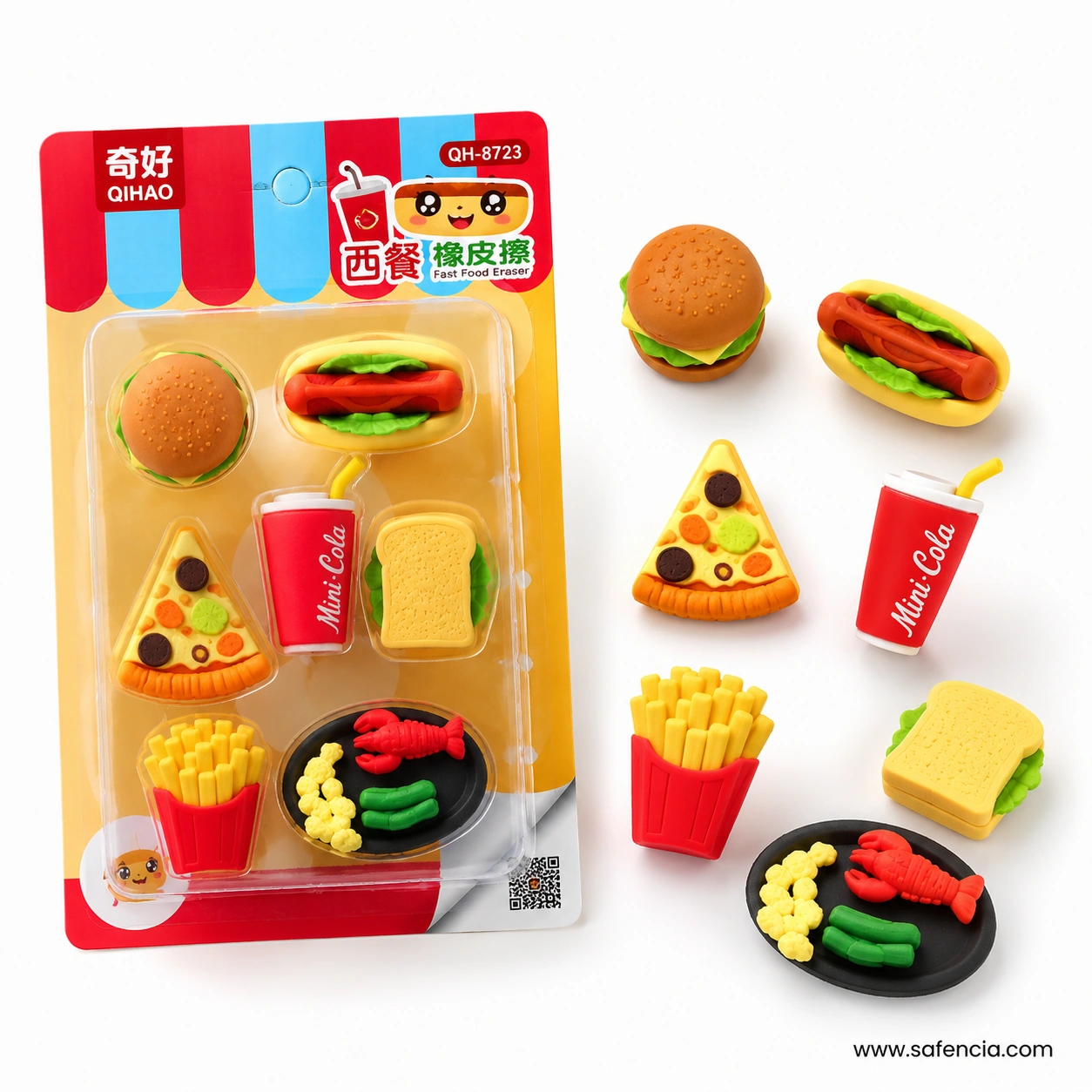Fast food eraser pieces arranged beside their card — burger, hot dog, pizza, cola cup, fries, sandwich and the lobster dinner plate