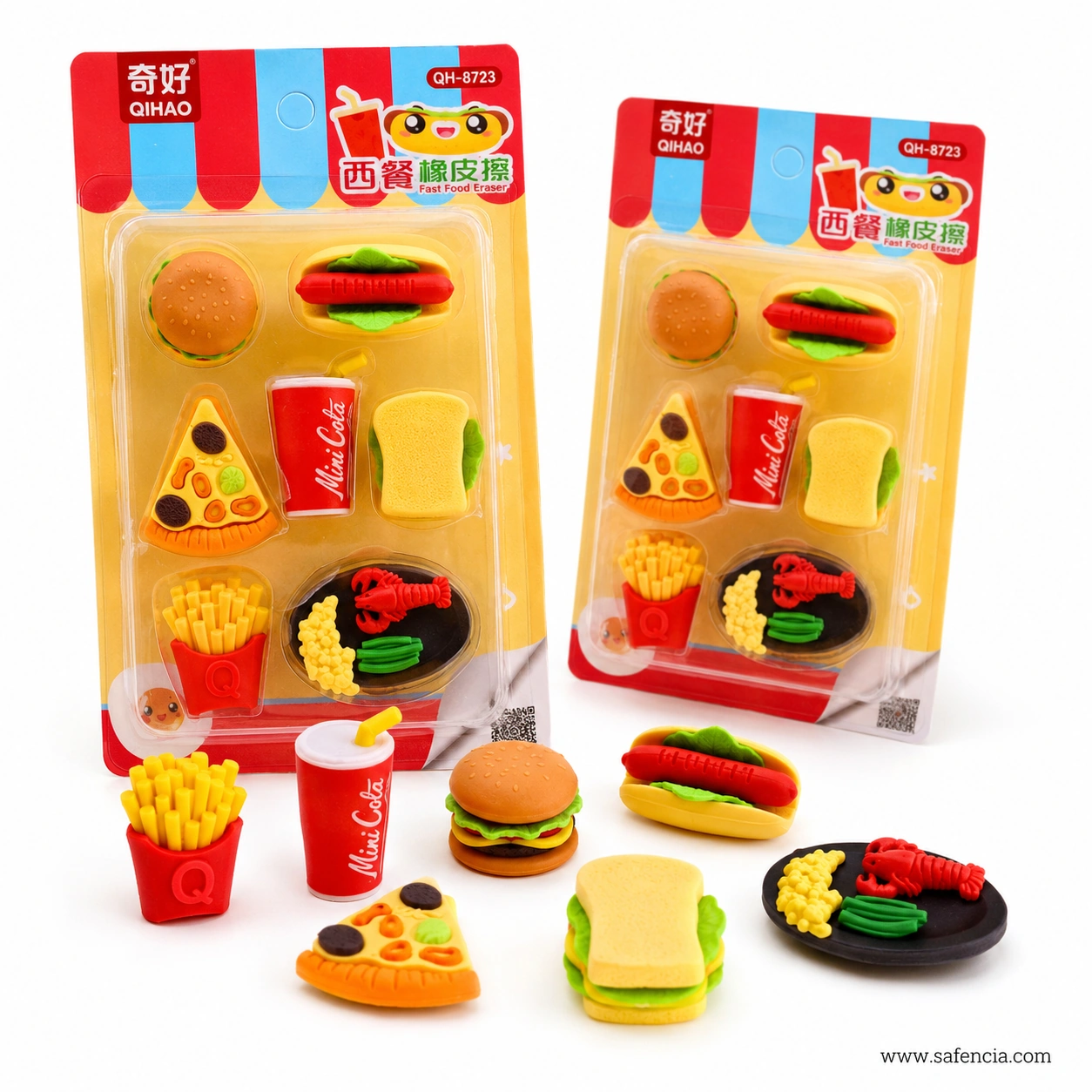 Two Qihao fast food eraser cards standing behind the loose pieces, with the burger shown split into its stacked layers