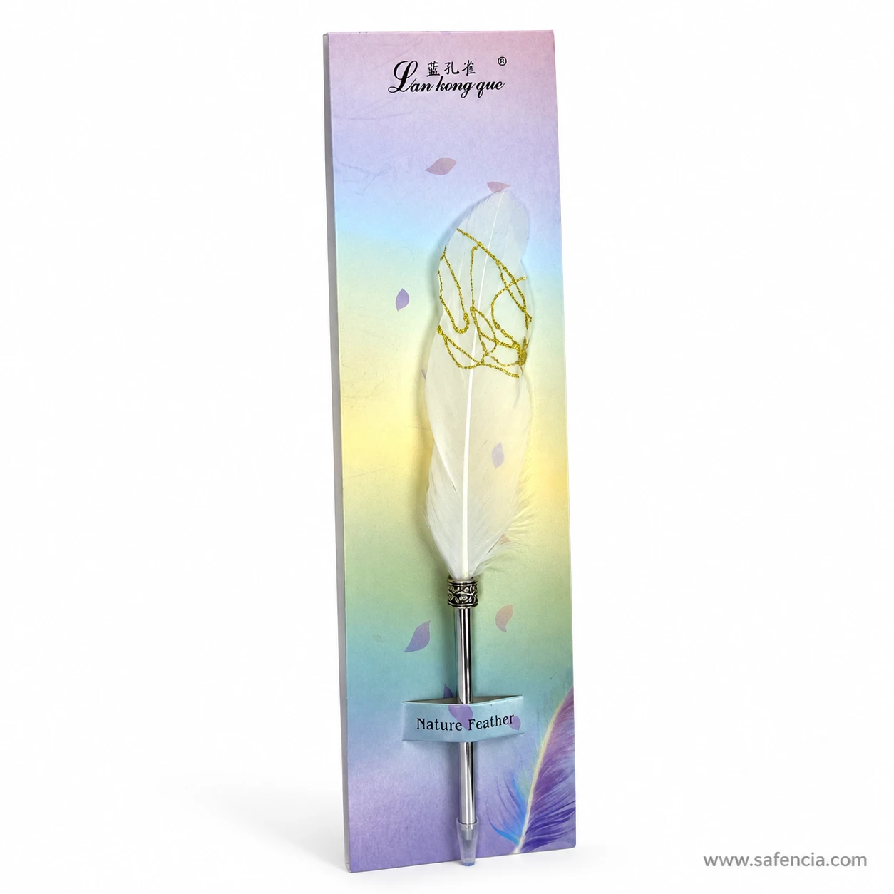 Angled view of the feather ball pen showing the silver-toned metal barrel and the ornamental collar at the quill join
