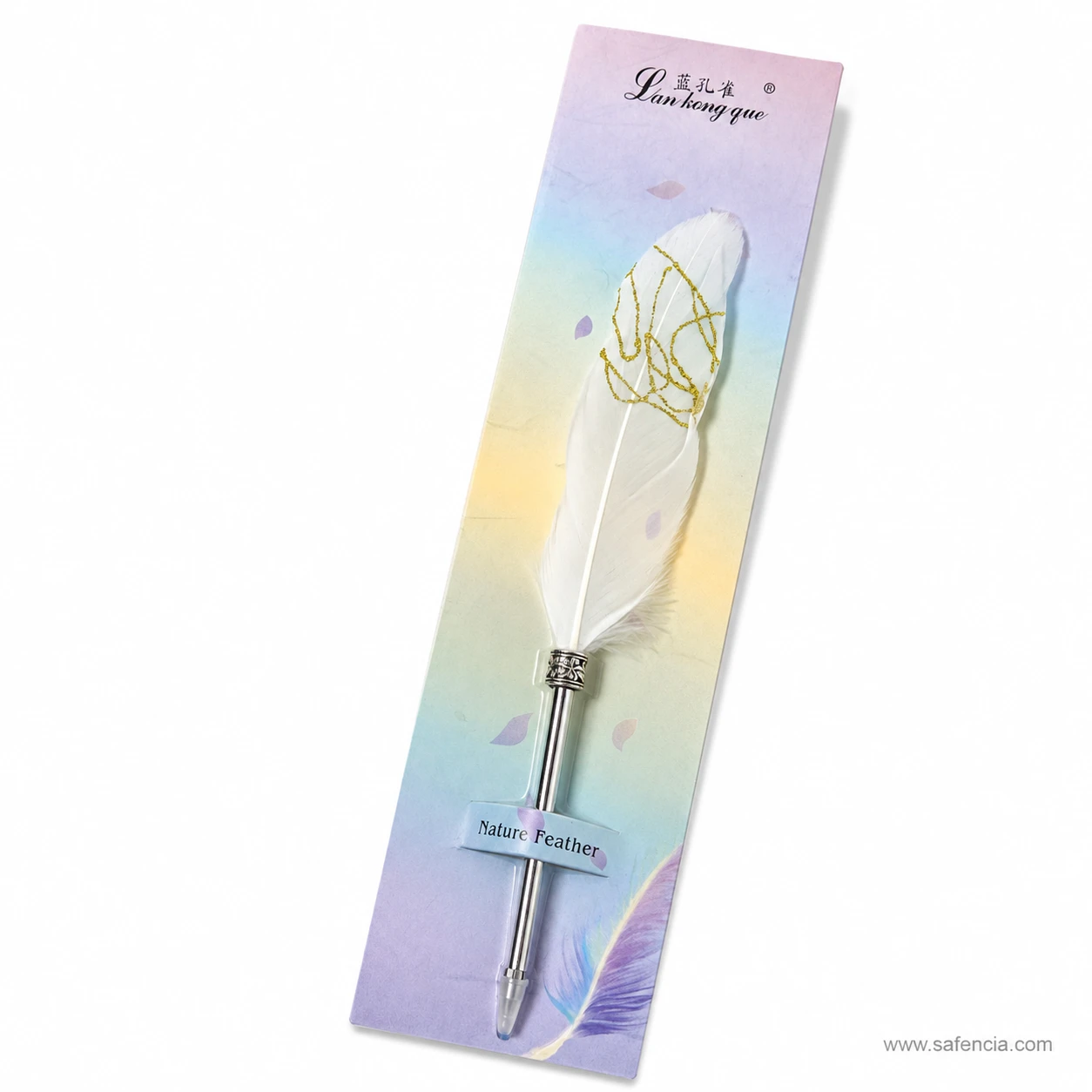 Vintage style silver goose feather ballpoint pen with metallic barrel and detailed quill vane