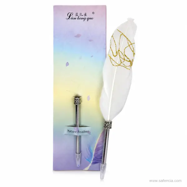 Feather Ball Pen with Silver Barrel and Gold-Traced Quill