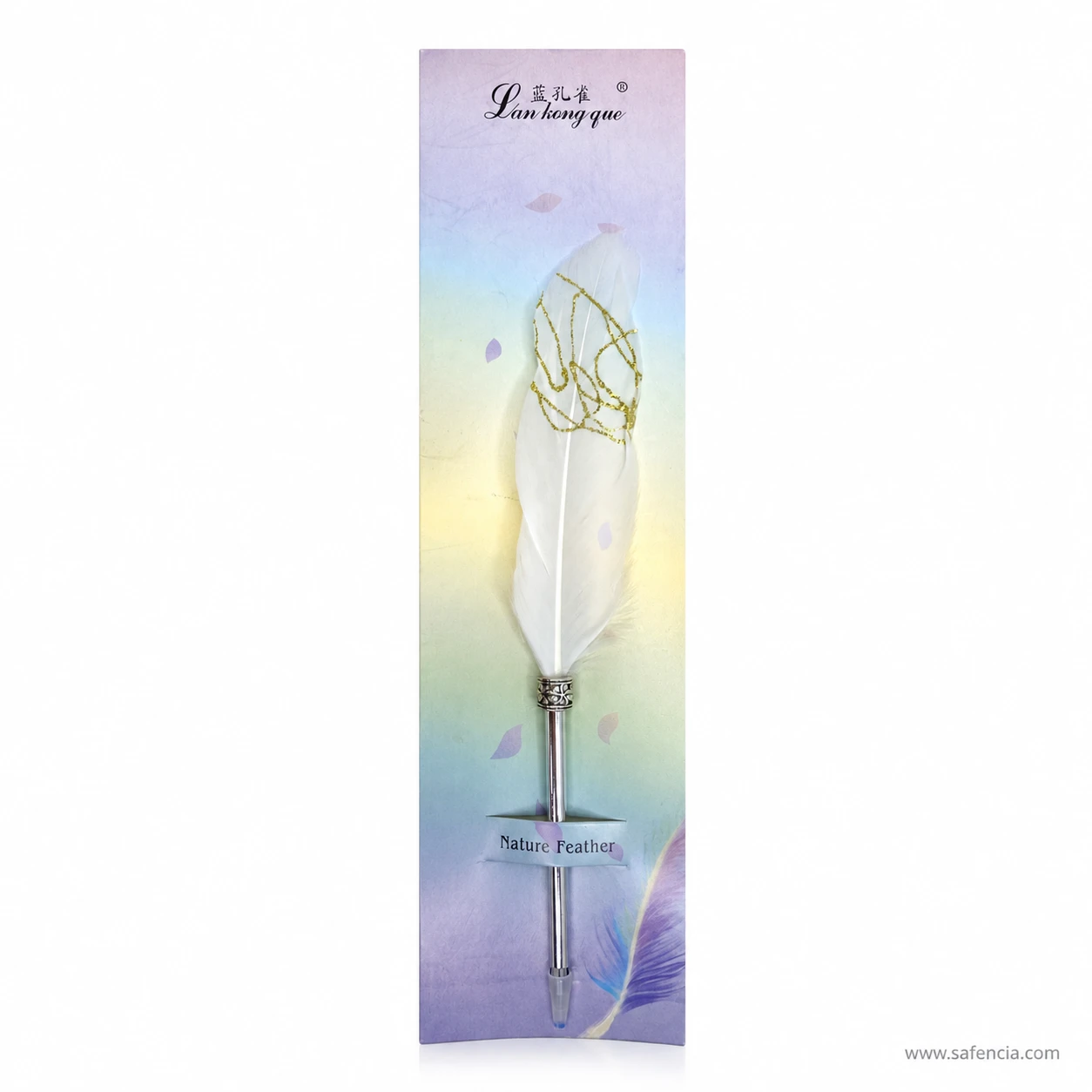 Front view of the white feather ball pen showing the gold glitter pattern traced along the vane of the quill