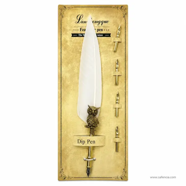 Feather Calligraphy Dip Pen with 5 Nibs and Owl Mount