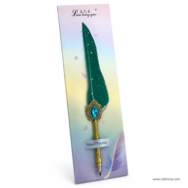 Feather Calligraphy Dip Pen with a Faceted Blue Stone