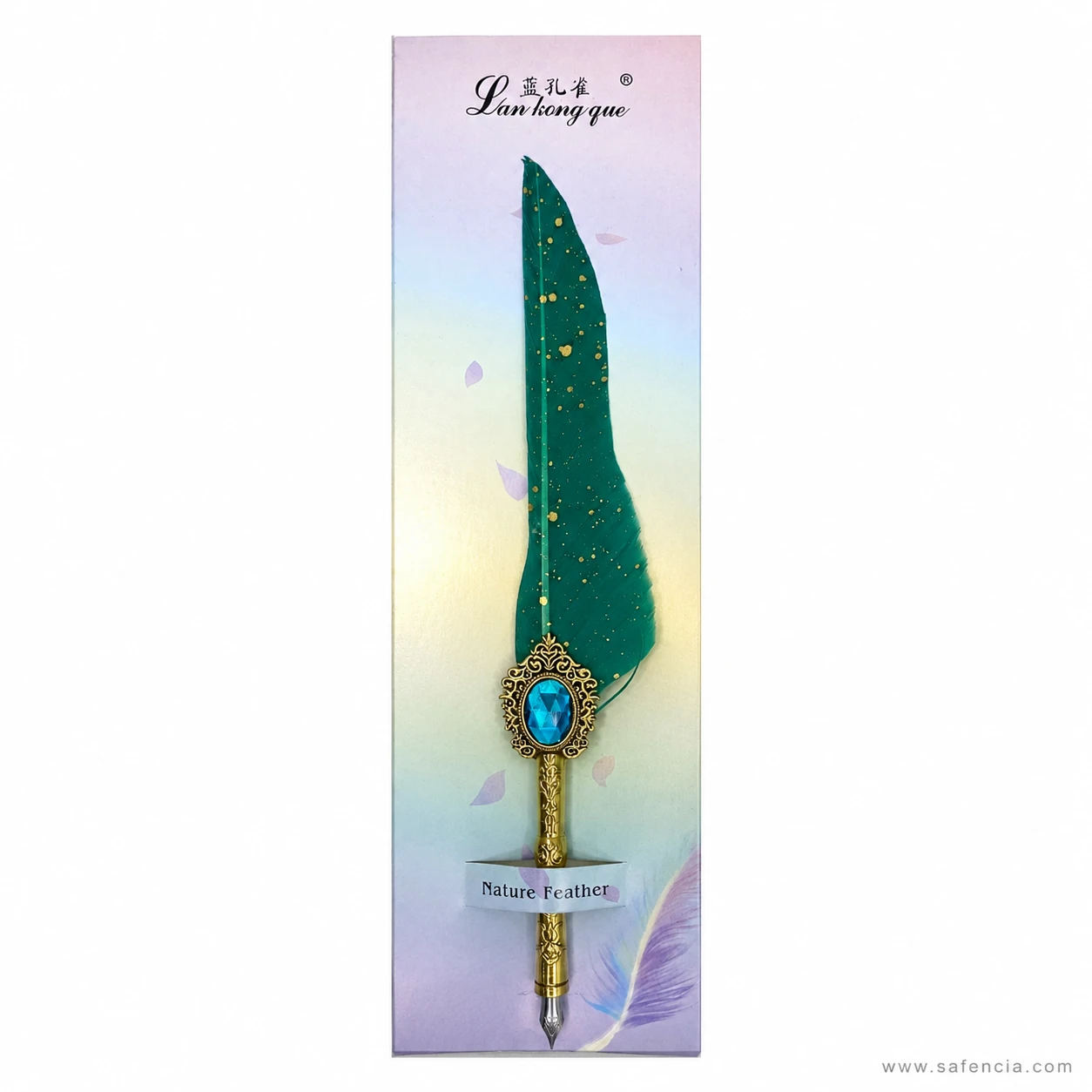 Angled view of the feather dip pen showing the gold-flecked green quill, patterned barrel and steel nib at the tip