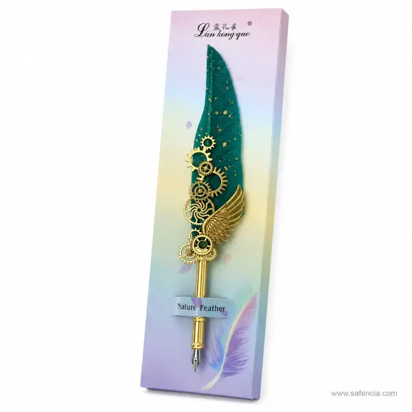 Feather Calligraphy Dip Pen with Gears and Wing Mount