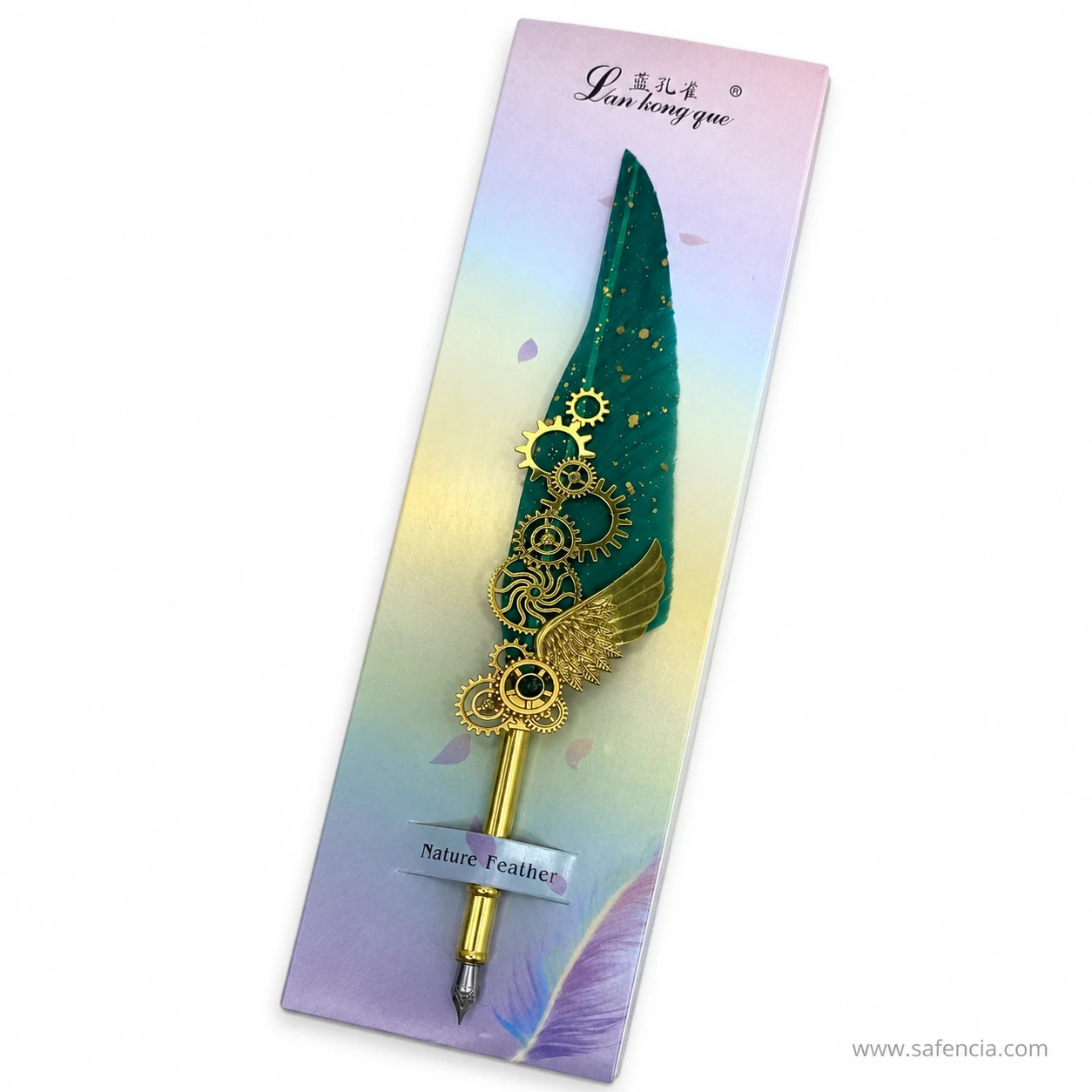 Close view of the gold gear cluster on the feather pen with a spread wing and a small stone set among the cogs