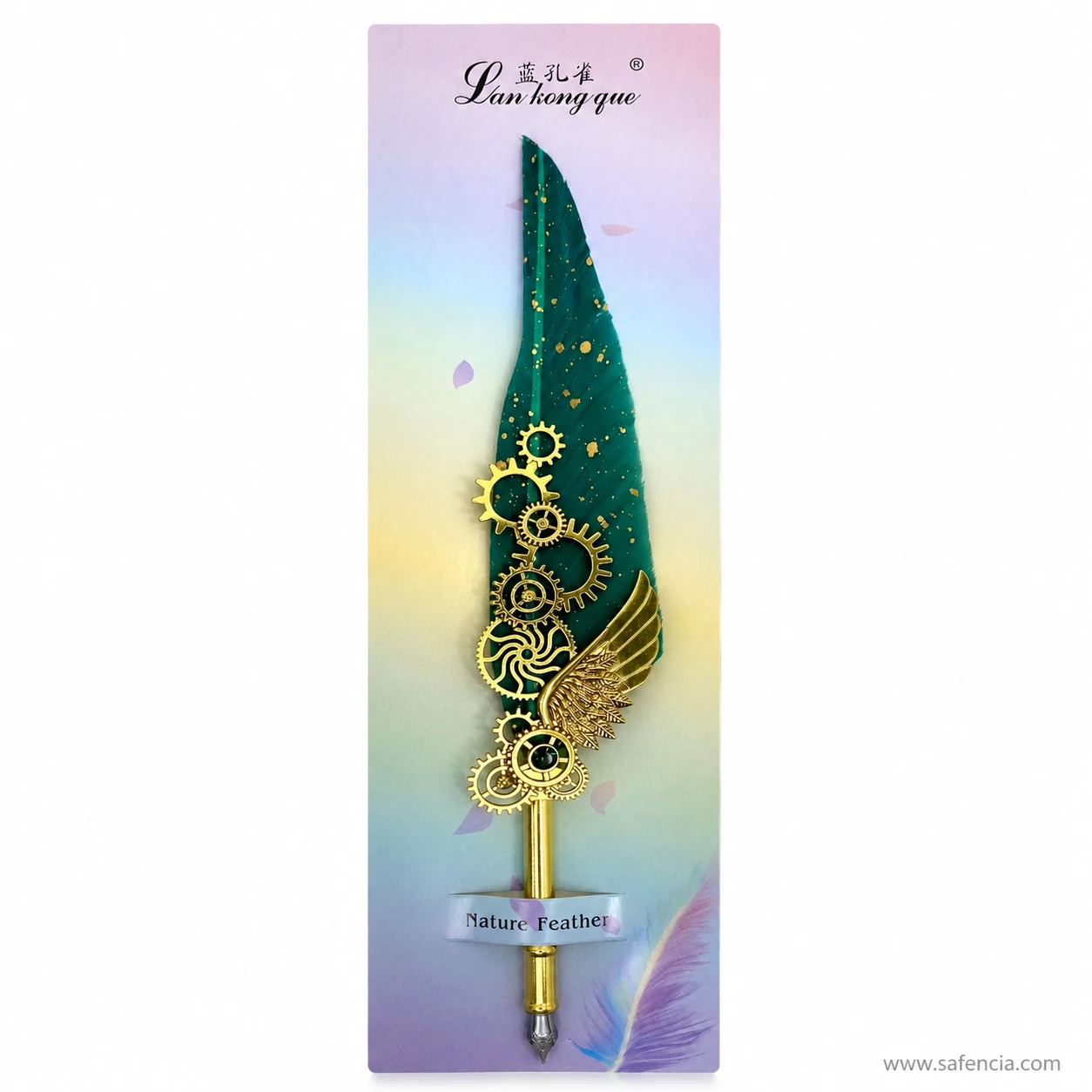Angled view of the green gold-flecked quill, the embossed gold barrel and the steel dip nib at the tip
