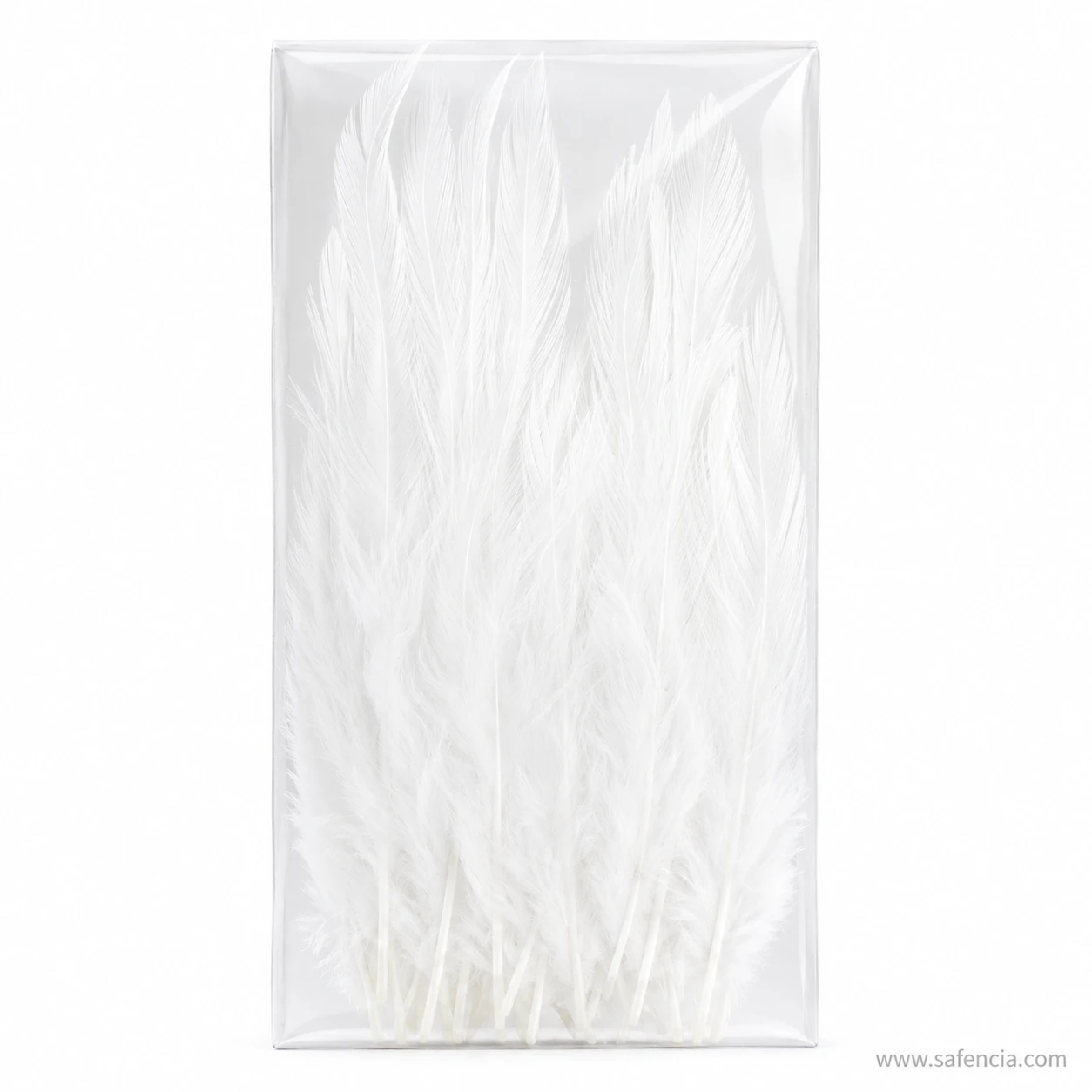 White craft feathers supplied inside clear sealed packaging