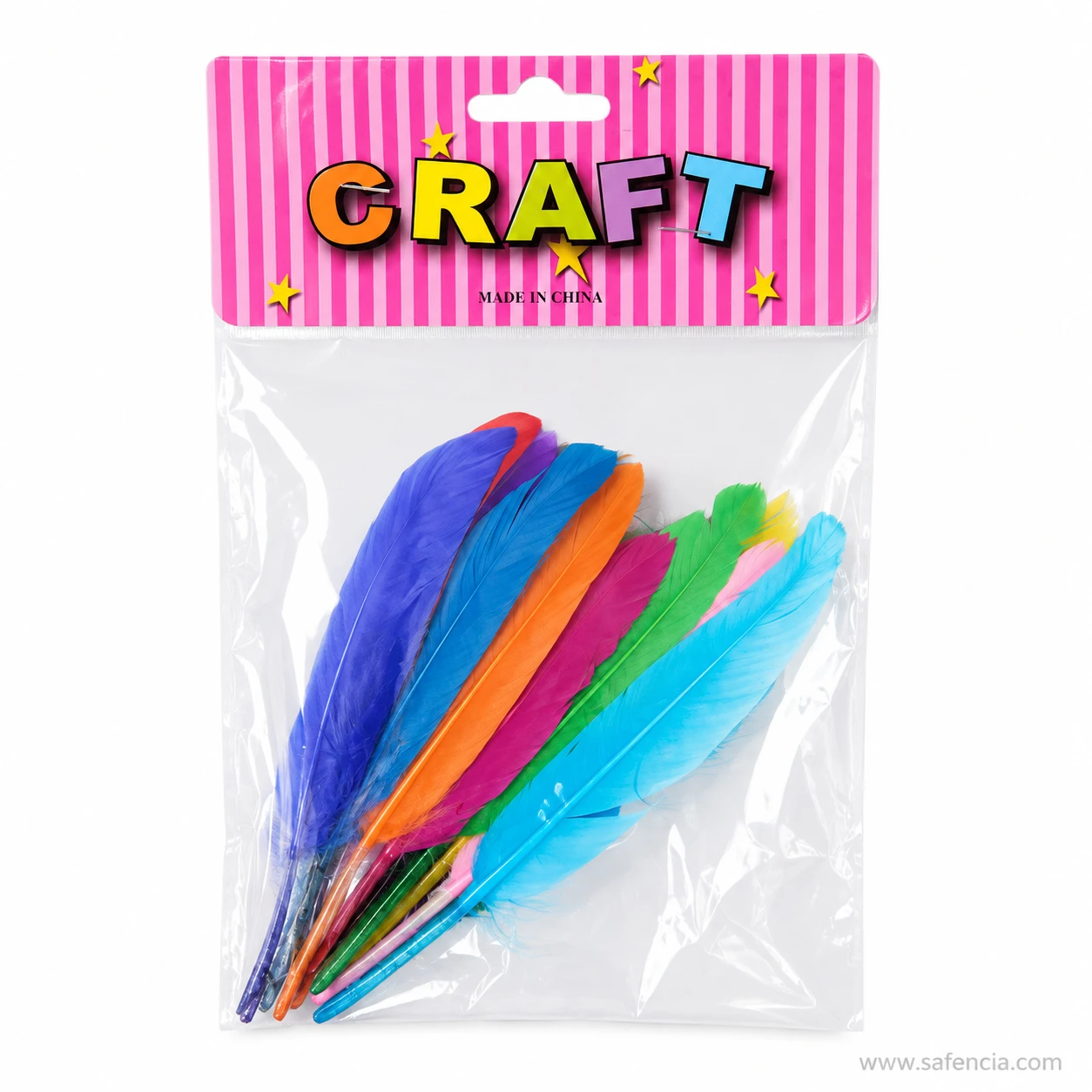 Colour range of long quill craft feathers seen through pack film