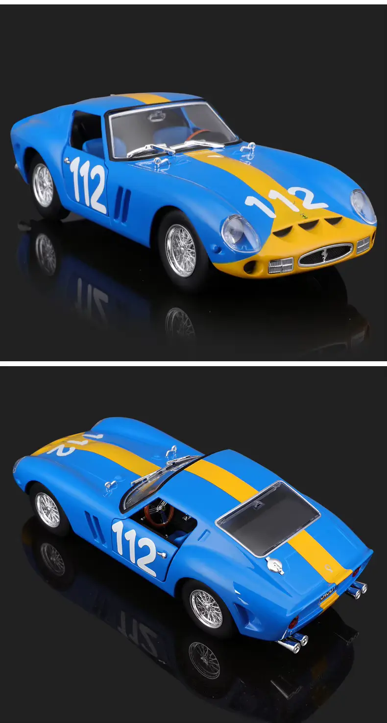 Blue Ferrari 250 GTO No. 112 diecast model front view with yellow stripe and yellow lower nose on black