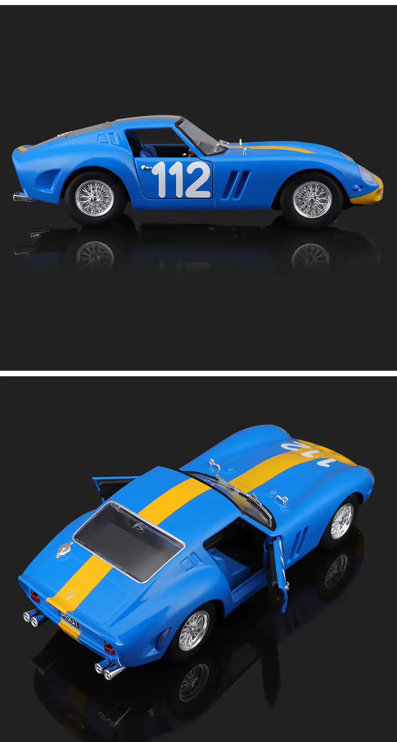 Blue Ferrari 250 GTO No. 112 diecast model rear three-quarter studio view on a black background