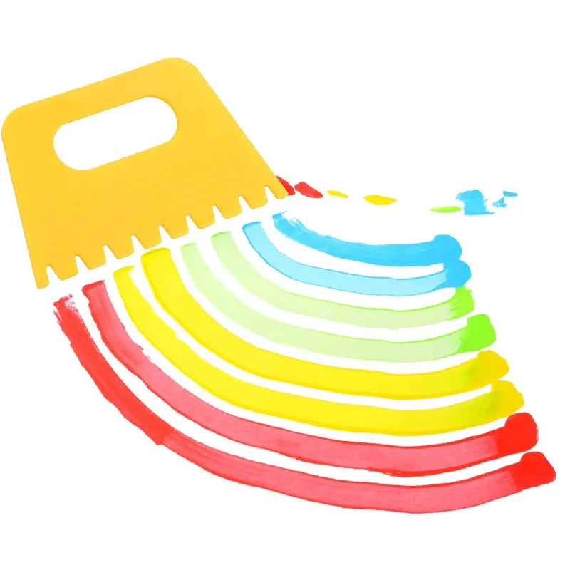 Yellow scraper comb dragged through wet paint leaving parallel coloured bands