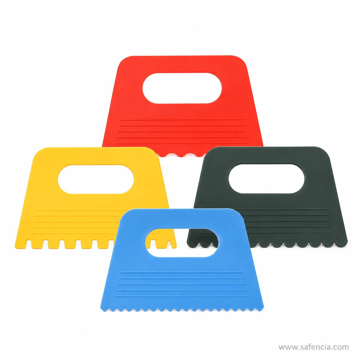 Four plastic scraper combs arranged in a group showing all four colours
