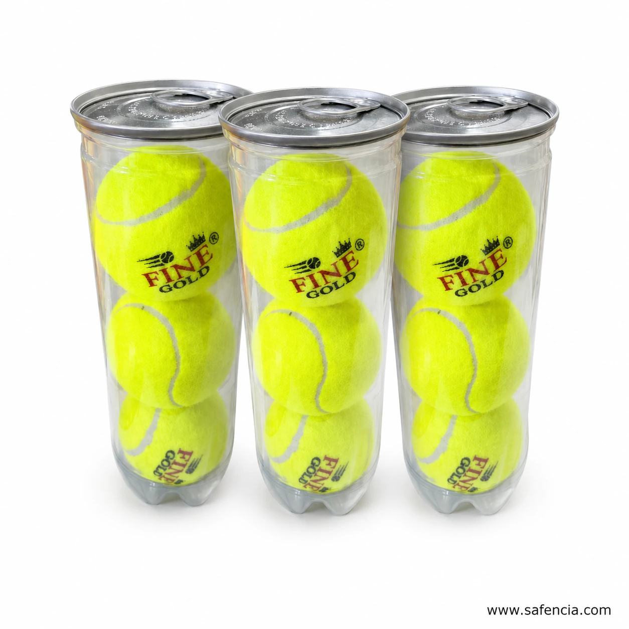Three clear tubes of Fine Gold 68mm yellow tennis balls lined up together