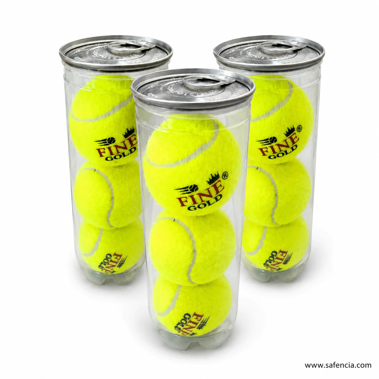 Close view of Fine Gold tennis ball tube showing ring-pull lid and felt texture