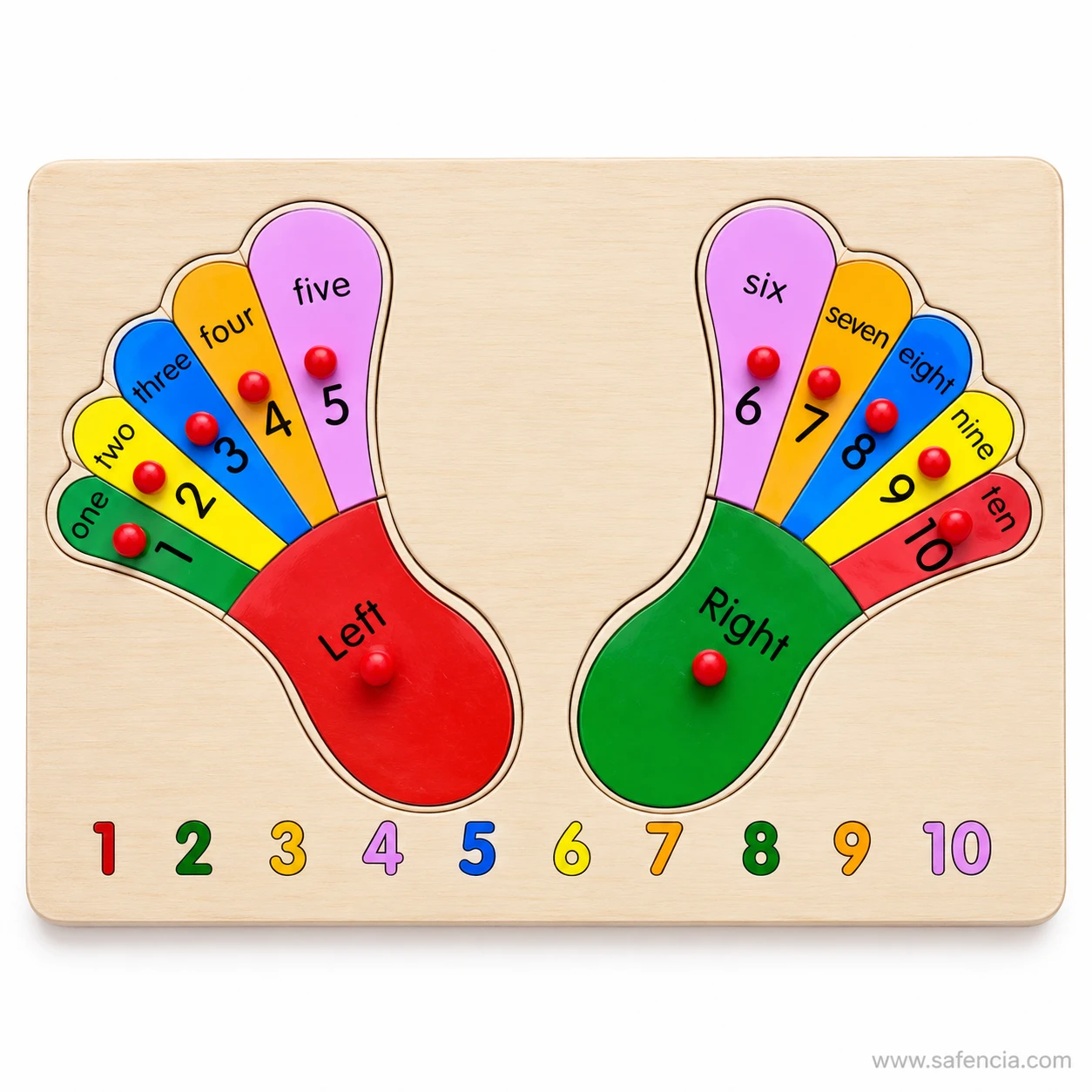 Front view of the finger counting wooden board showing number words on each finger and the Left and Right palms