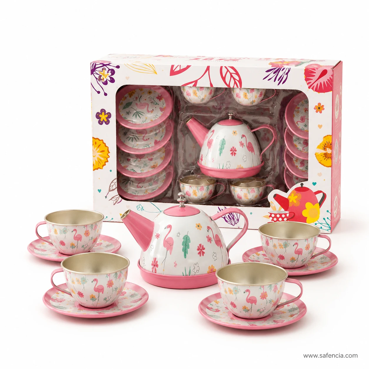 Flamingo printed metal teapot on its round pink base with four cups and saucers arranged around it
