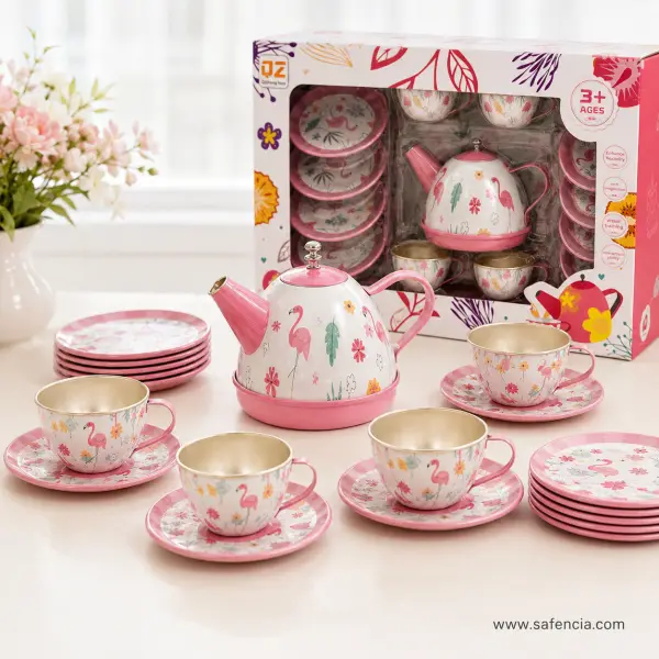 Flamingo Tin Tea Set for Kids — Metal Teapot, Cups, Saucers and Plates