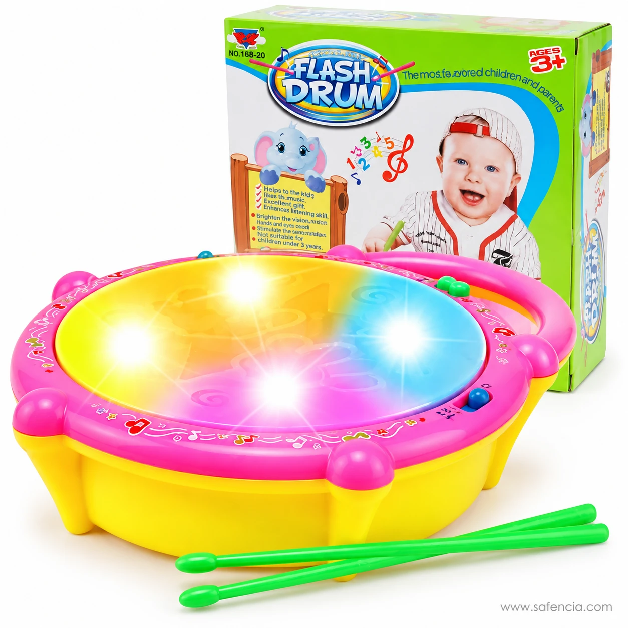 Flash drum toy in front of its green Flash Drum box marked ages 3 plus
