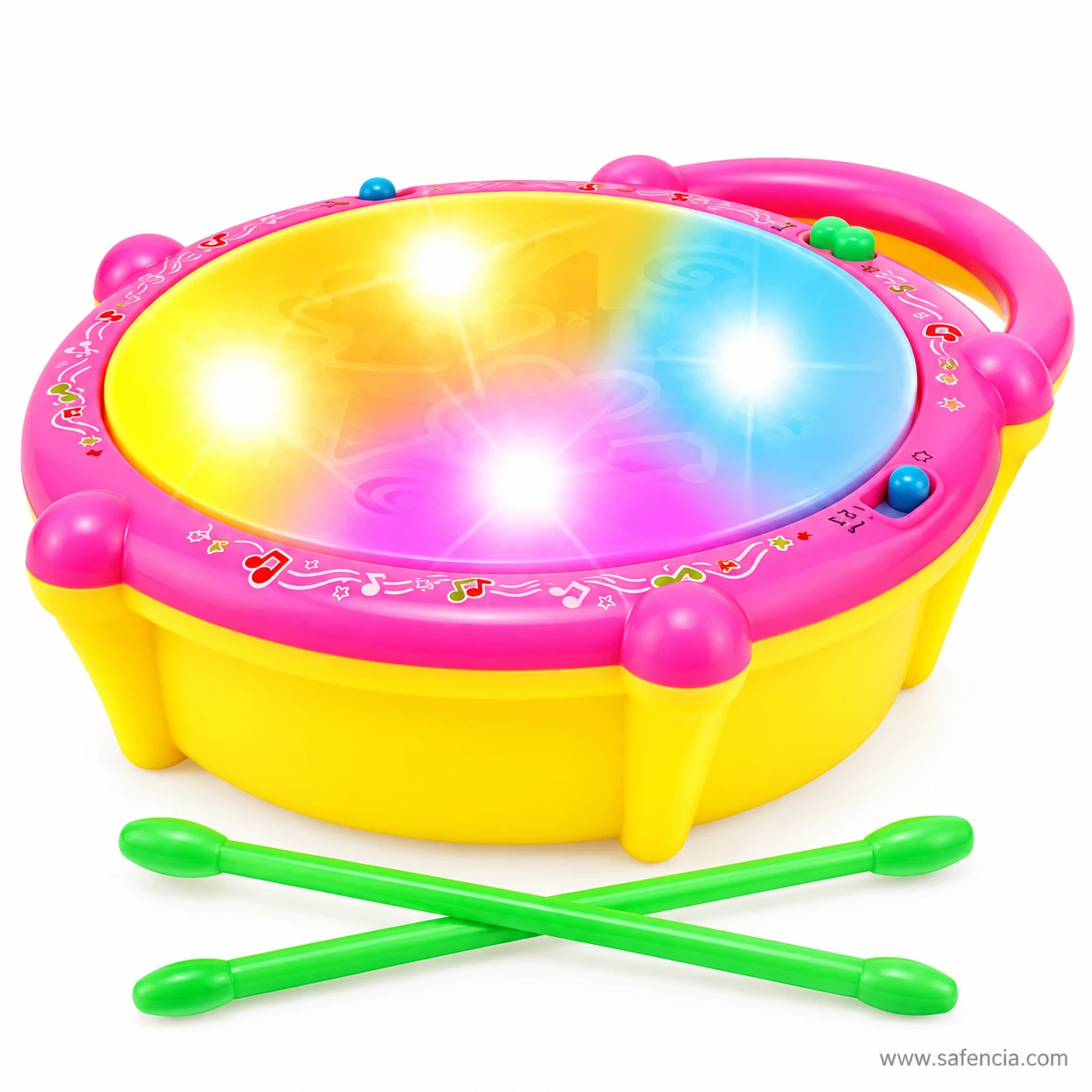 Pink and yellow flash drum toy with its lit drum head and two crossed green drumsticks
