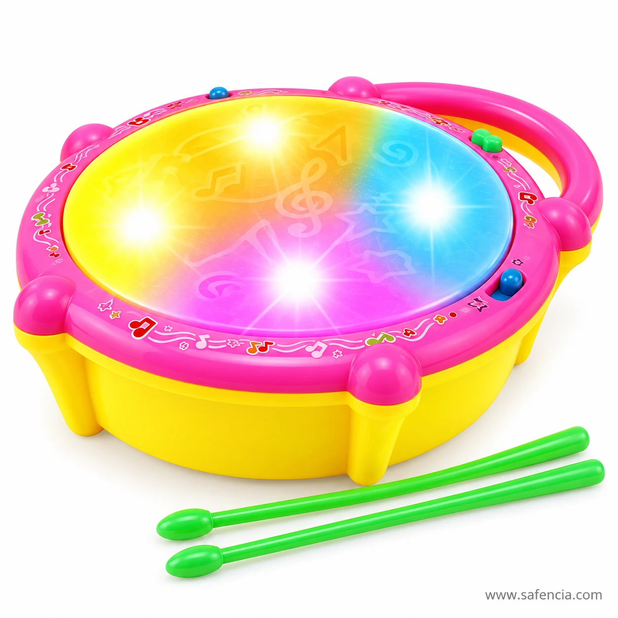 Close view of the flash drum toy's rainbow light-up drum head with pink rim and handle