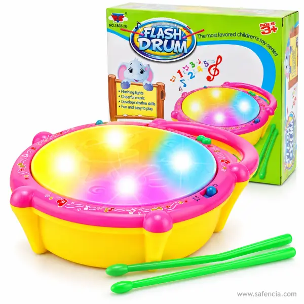 Flash Drum Toy for Kids with Lights, Music and Two Drumsticks