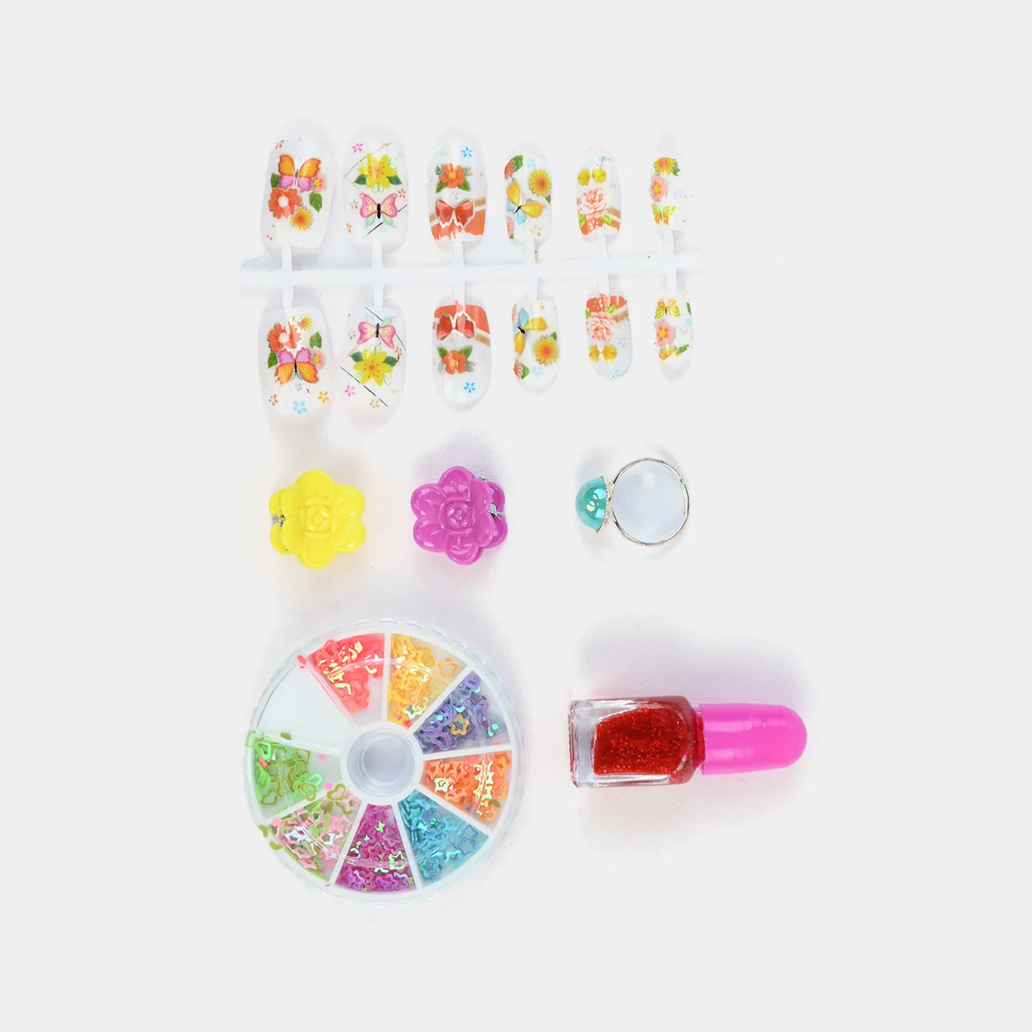 Floral Nail Art Wheel Set open view - press-on nails, decoration wheel, nail polish, ring and clip