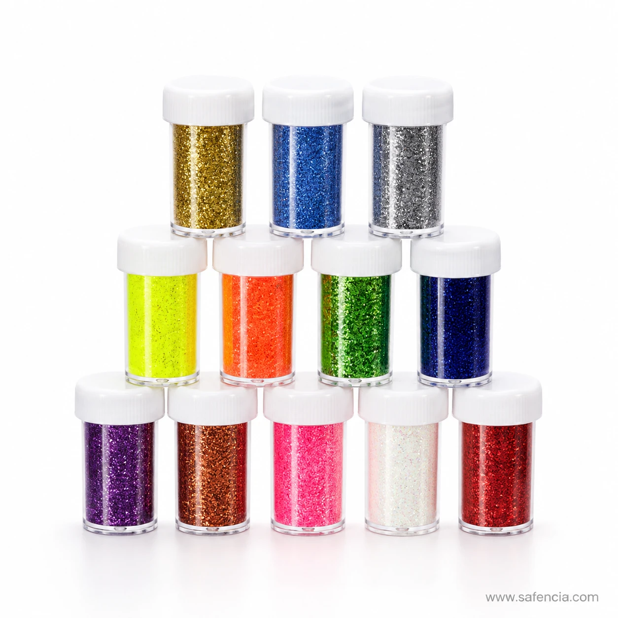Twelve fluorescent glitter bottles stacked showing white screw caps