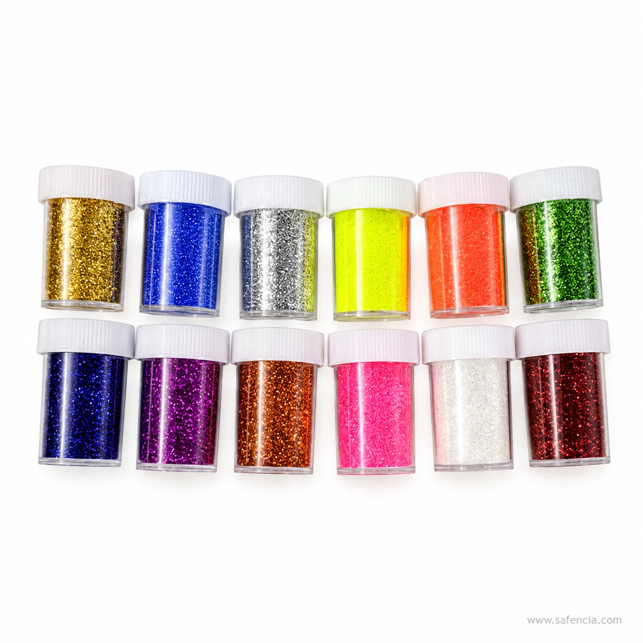 Neon and metallic glitter bottle colour range shown side by side