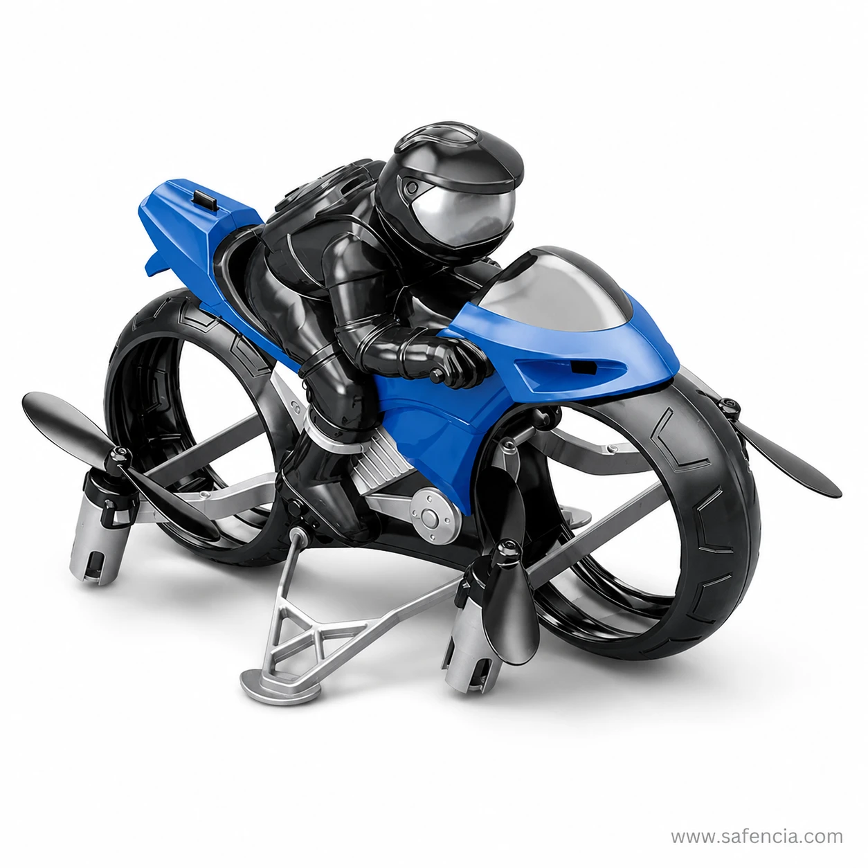 Blue RC flying motorcycle hoverbike with black rider figure and four propellers extended