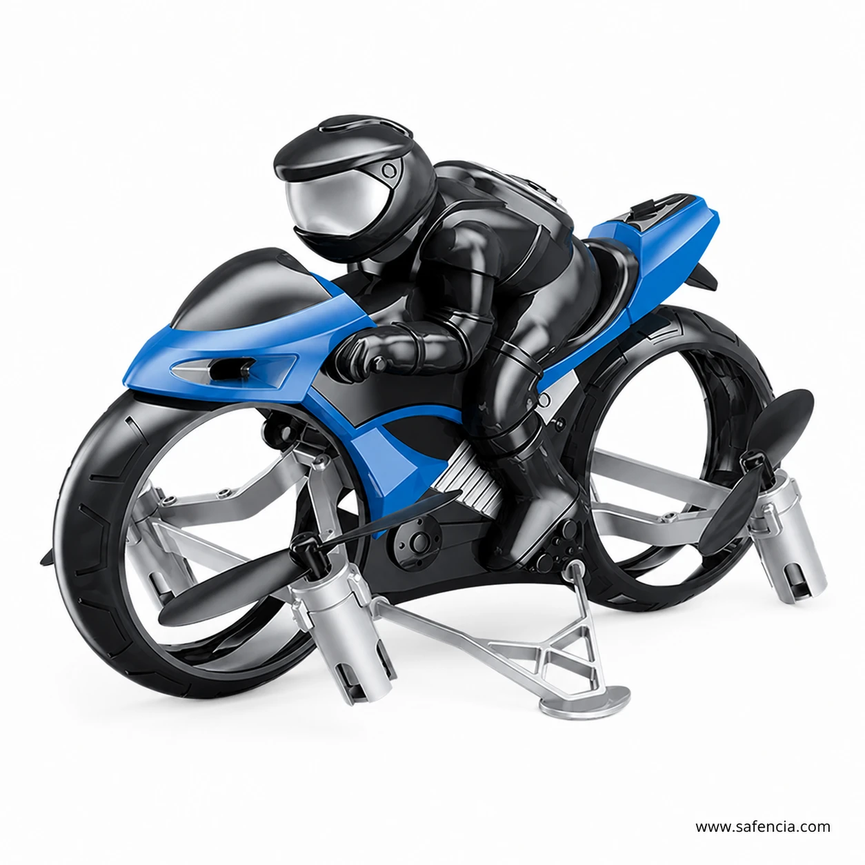 Side profile of the blue flying motorcycle showing treaded wheels acting as propeller guards