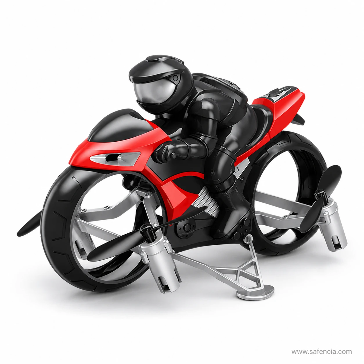 Red flying motorcycle hoverbike parked on its silver kickstand with rider leaning forward